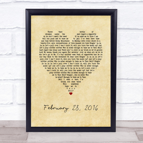 Koe Wetzel February 28, 2016 Vintage Heart Song Lyric Print