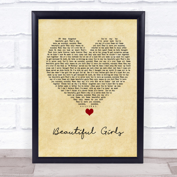 Sean Kingston Beautiful Girls Vintage Heart Song Lyric Print