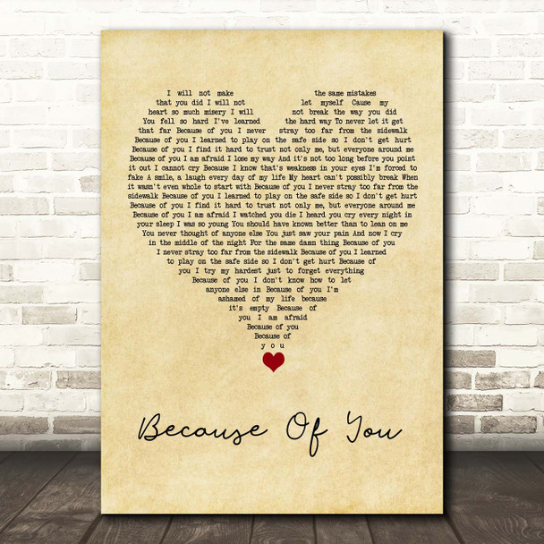 Kelly Clarkson Because Of You Vintage Heart Song Lyric Print
