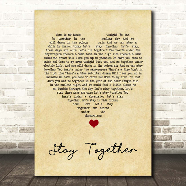 Suede Stay Together Vintage Heart Song Lyric Print