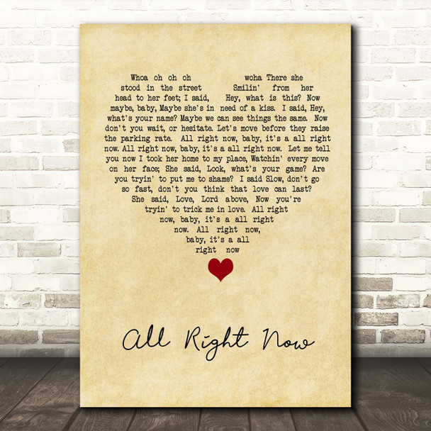 Free All Right Now Vintage Heart Song Lyric Print