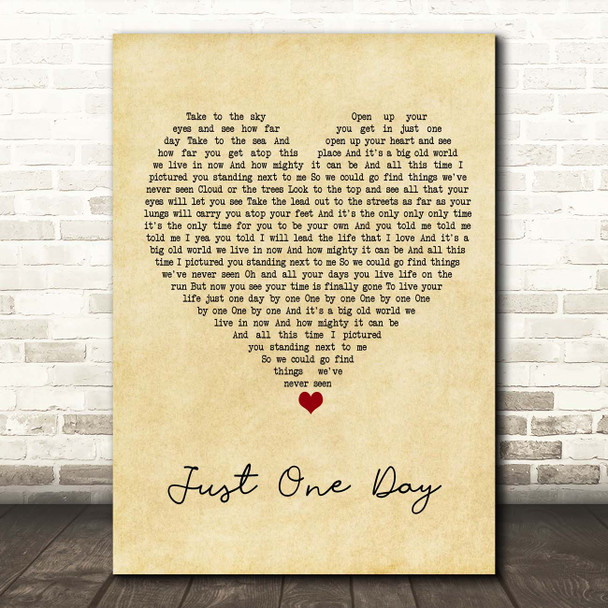 Mighty Oaks Just One Day Vintage Heart Song Lyric Print