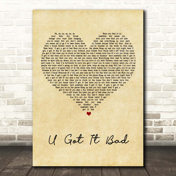 Usher U Got It Bad Vintage Heart Song Lyric Print