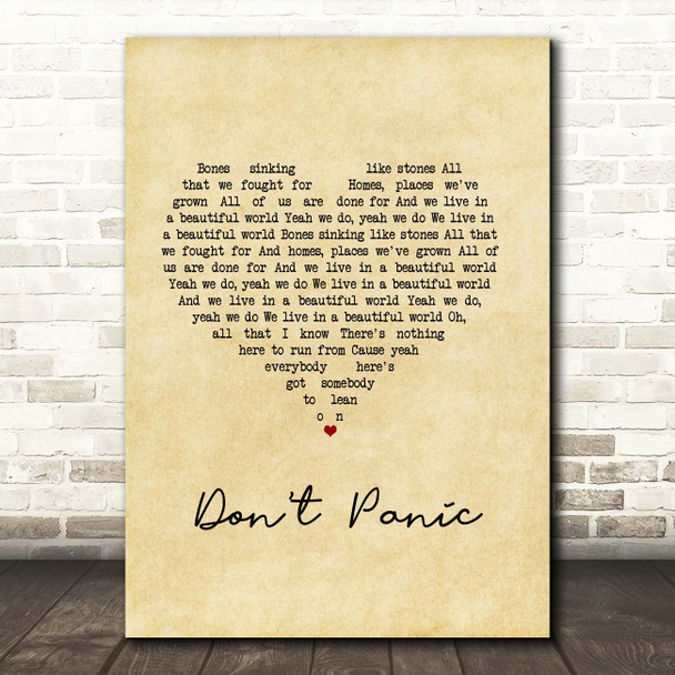 Coldplay Don't Panic Vintage Heart Song Lyric Print