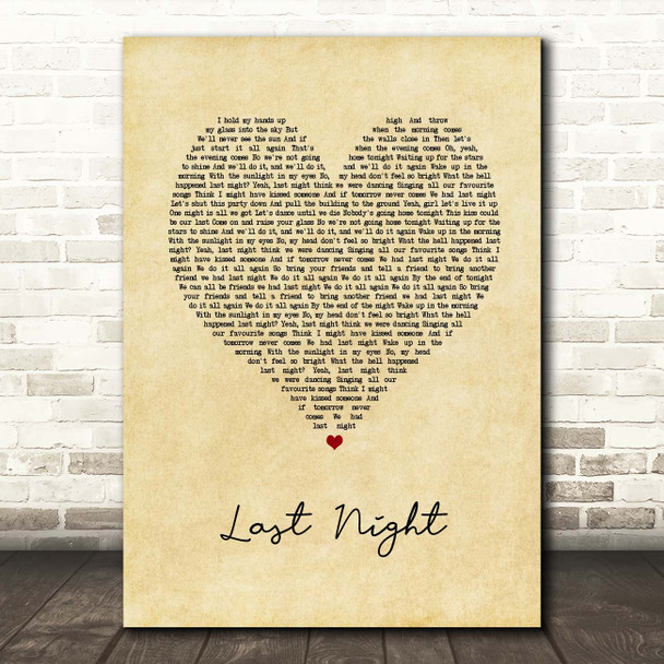 The Vamps Last Night Vintage Heart Song Lyric Print