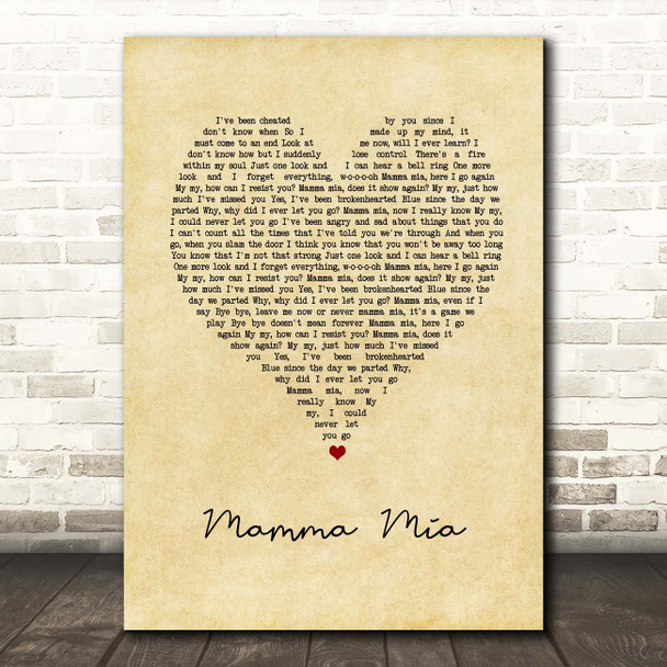 ABBA Mamma Mia Vintage Heart Song Lyric Print