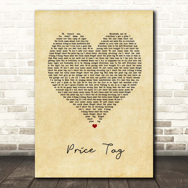 Jessie J Price Tag Vintage Heart Song Lyric Print