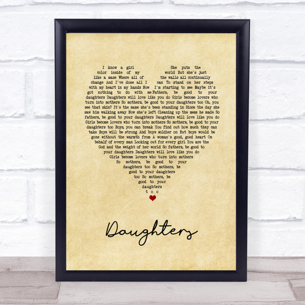 John Mayer Daughters Vintage Heart Song Lyric Print