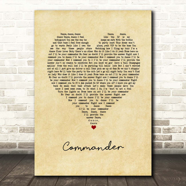 Kelly Rowland ft. David Guetta Commander Vintage Heart Song Lyric Print