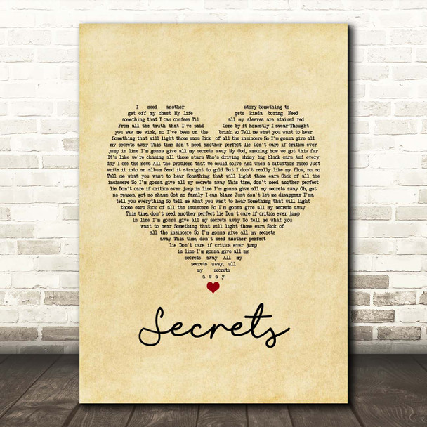 OneRepublic Secrets Vintage Heart Song Lyric Print