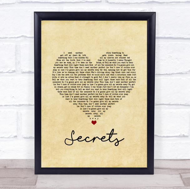 OneRepublic Secrets Vintage Heart Song Lyric Print