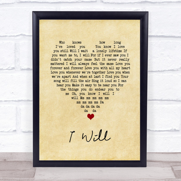 The Beatles I Will Vintage Heart Song Lyric Print