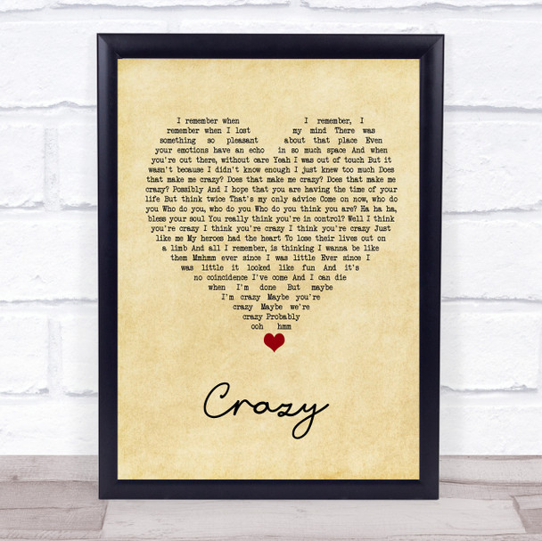 Gnarls Barkley Crazy Vintage Heart Song Lyric Print