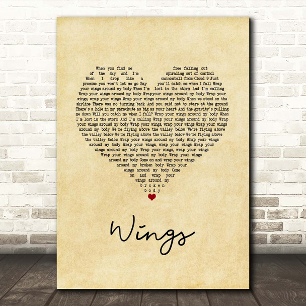 Hurts Wings Vintage Heart Song Lyric Print