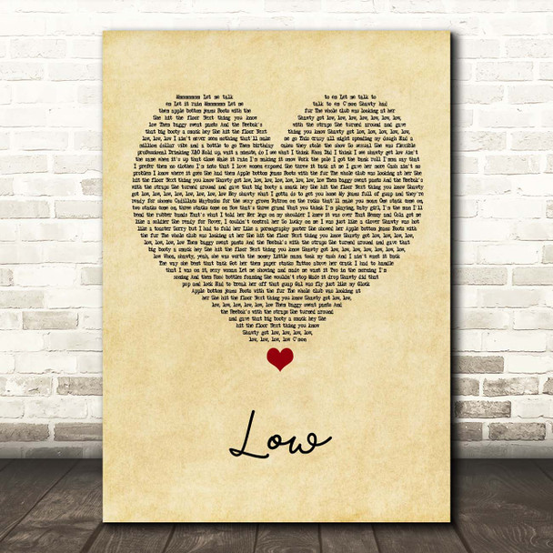 Flo Rida Low Vintage Heart Song Lyric Print