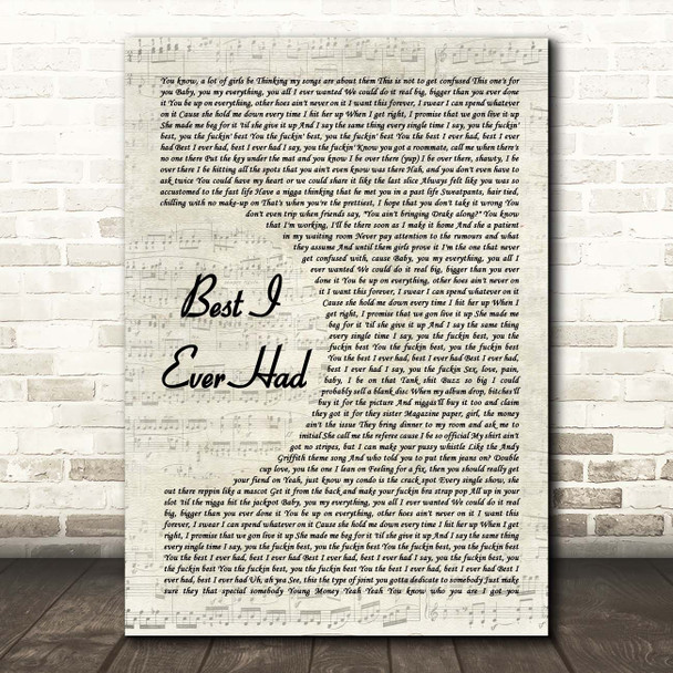 Drake Best I Ever Had Vintage Script Song Lyric Print