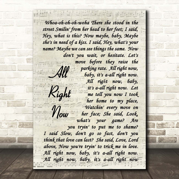 Free All Right Now Vintage Script Song Lyric Print