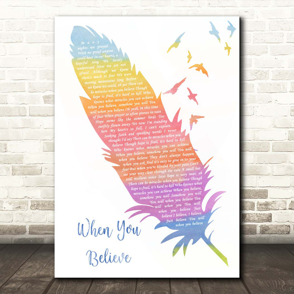 Whitney Houston & Mariah Carey When You Believe Watercolour Feather & Birds Song Lyric Print
