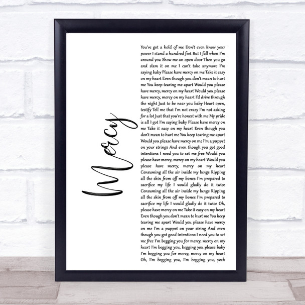 Shawn Mendes Mercy White Script Song Lyric Quote Print