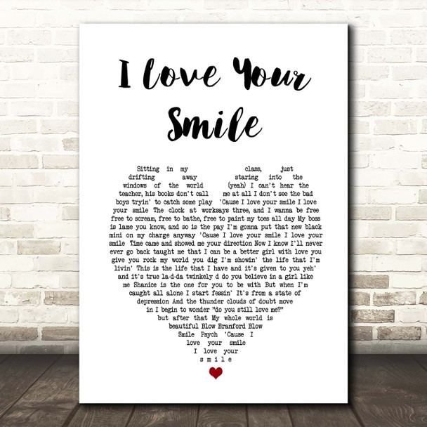 Shanice I Love Your Smile White Heart Song Lyric Print