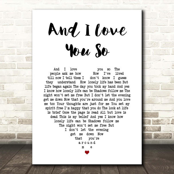 Elvis Presley And I Love You So White Heart Song Lyric Print