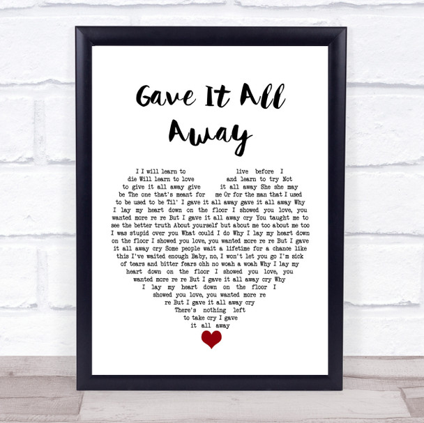 Boyzone Gave It All Away White Heart Song Lyric Print