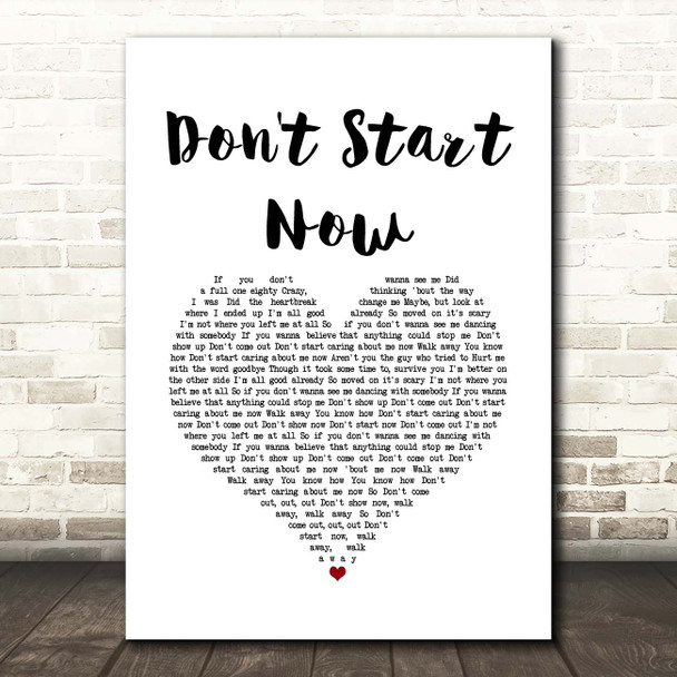 Dua Lipa Don't Start Now White Heart Song Lyric Print