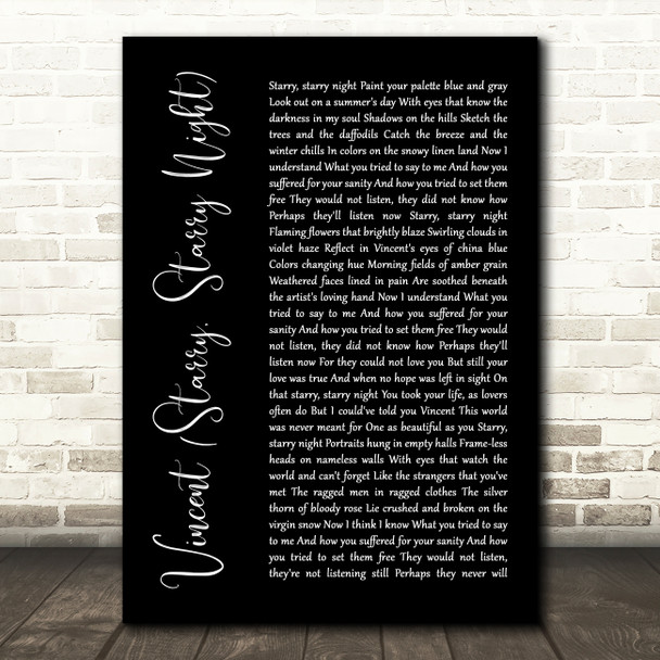 Don McLean Vincent (Starry, Starry Night) Black Script Song Lyric Quote Print