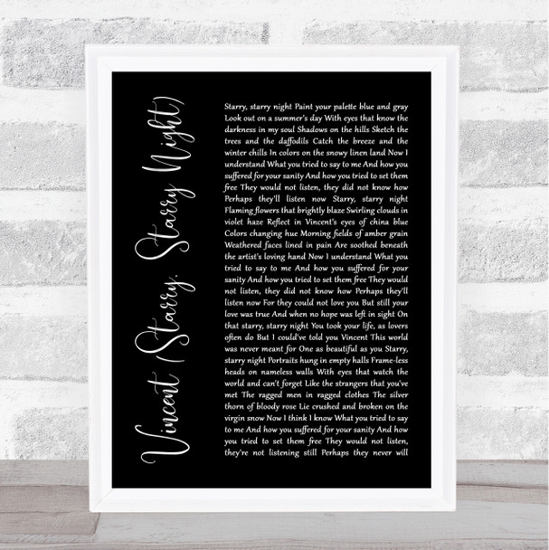 Don McLean Vincent (Starry, Starry Night) Black Script Song Lyric Quote Print