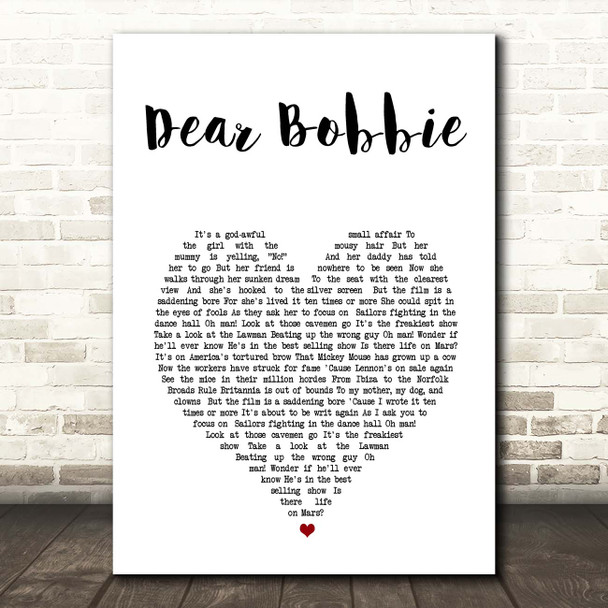 Yellowcard Dear Bobbie White Heart Song Lyric Print