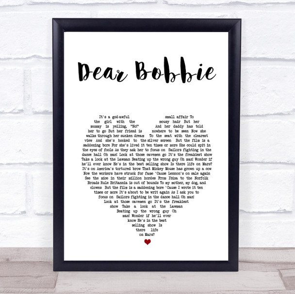 Yellowcard Dear Bobbie White Heart Song Lyric Print