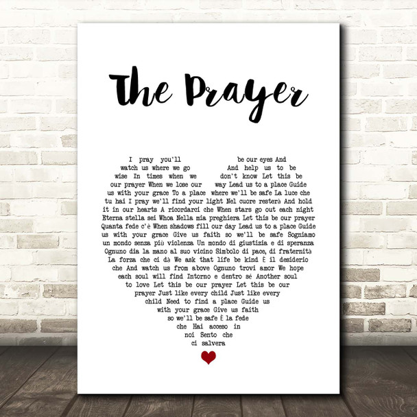 Andrea Bocelli & Celine Dion The Prayer White Heart Song Lyric Print