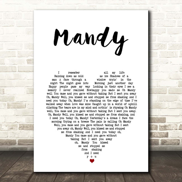 Barry Manilow Mandy White Heart Song Lyric Print