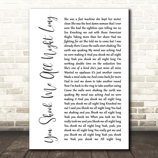 ACDC You Shook Me All Night Long White Script Song Lyric Print