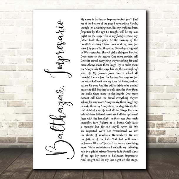 Frank Turner Balthazar, Impresario White Script Song Lyric Print