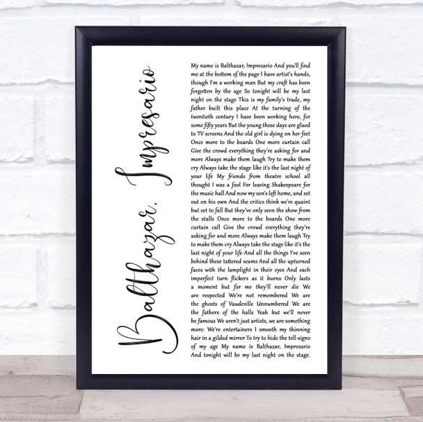 Frank Turner Balthazar, Impresario White Script Song Lyric Print