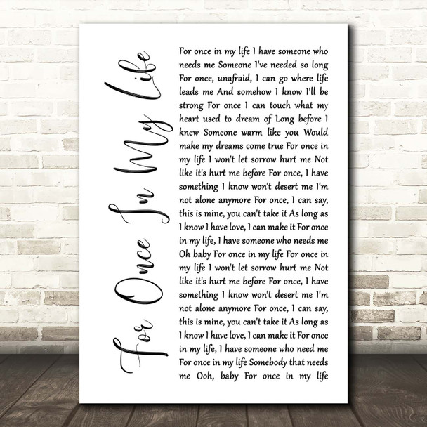 Stevie Wonder For Once In My Life White Script Song Lyric Print