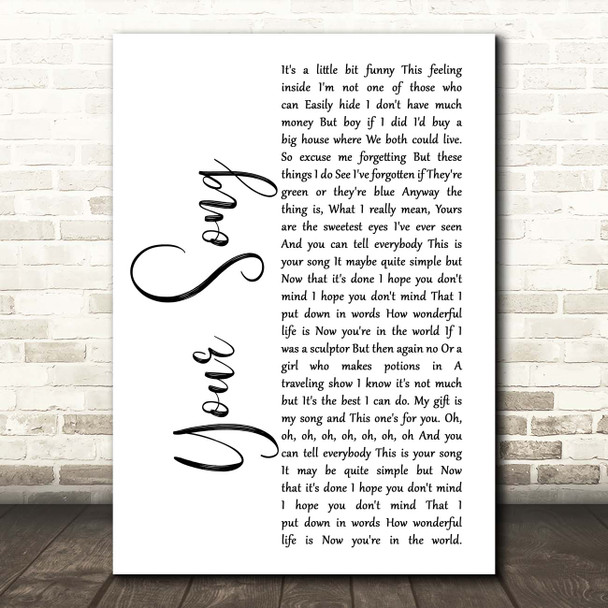 Ellie Goulding Your Song White Script Song Lyric Print