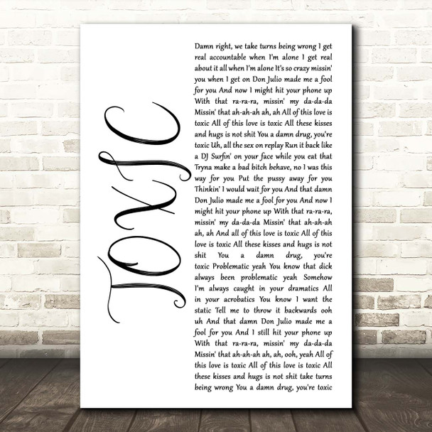 Kehlani TOXIC White Script Song Lyric Print