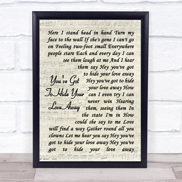 The Beatles You've Got To Hide Your Love Away Vintage Script Song Lyric Print