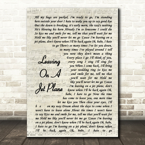 John Denver Leaving On A Jet Plane Vintage Script Song Lyric Quote Print