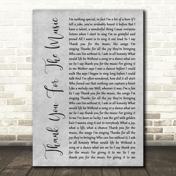 ABBA Thank You For The Music Grey Rustic Script Song Lyric Music Art Print