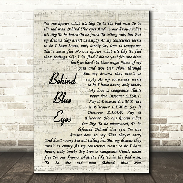 Limp Bizkit Behind Blue Eyes Vintage Script Song Lyric Quote Print
