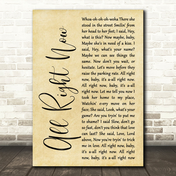 Free All Right Now Rustic Script Song Lyric Music Art Print