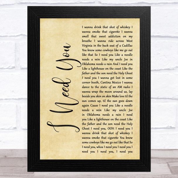 Faith Hill and Tim McGraw I Need You Rustic Script Song Lyric Music Art Print