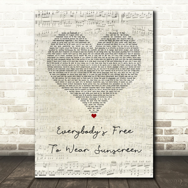 Baz Luhrmann Everybody's Free To Wear Sunscreen Script Heart Song Lyric Music Art Print