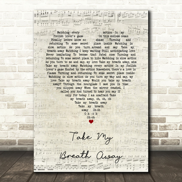 Daniel Robinson Take My Breath Away Script Heart Song Lyric Music Art Print