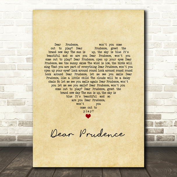 The Beatles Dear Prudence Vintage Heart Song Lyric Music Art Print