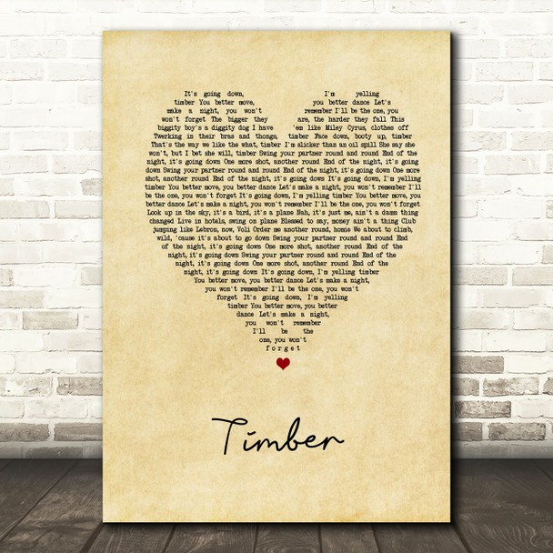 Pitbull Timber Vintage Heart Song Lyric Music Art Print