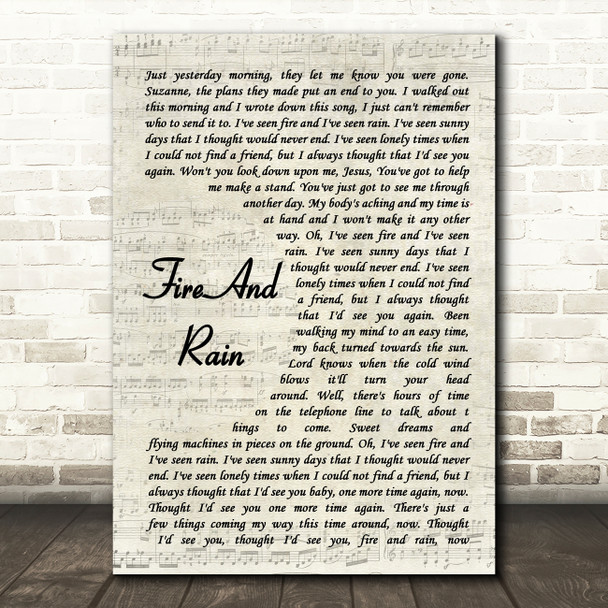 James Taylor Fire And Rain Vintage Script Song Lyric Music Art Print